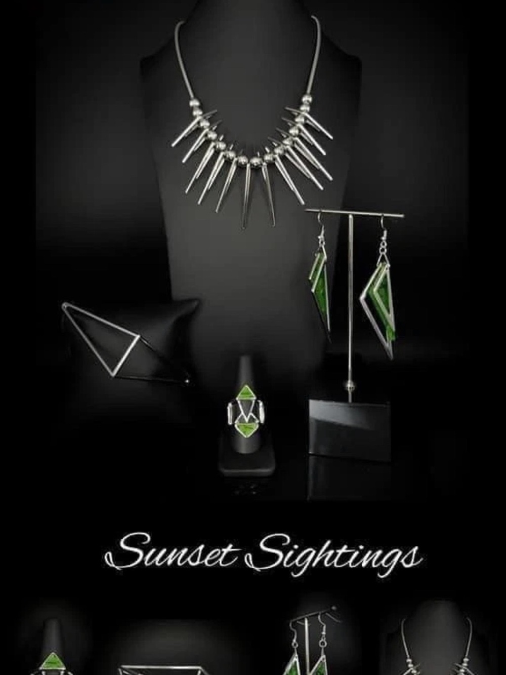 paparazzi Silver Spike Necklace with Green Geometric Accents 1220